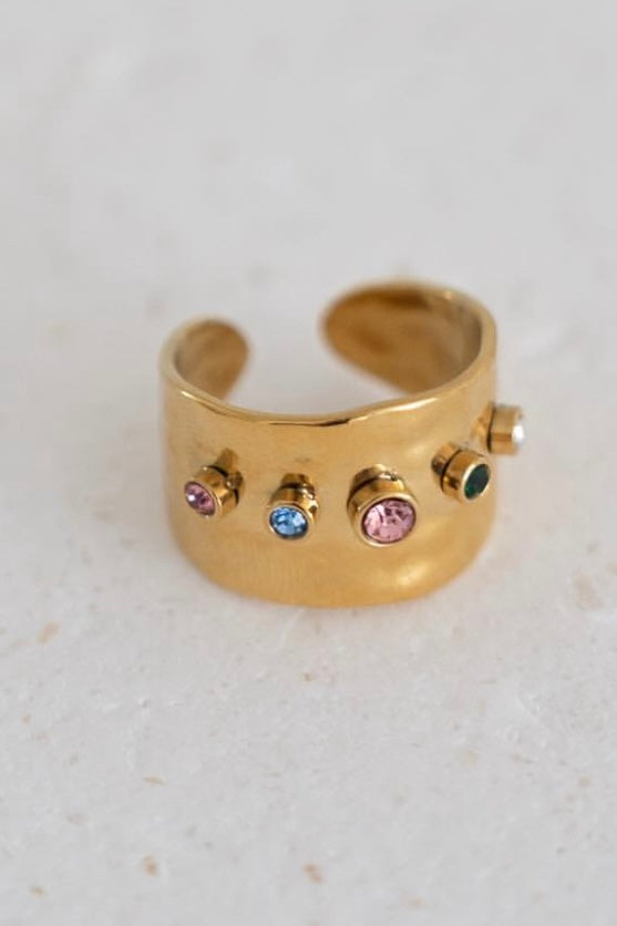 Bling ring made from 18k gold plated stainless steel, waterproof jewellery. Colourful crystal wide band cubic zircnia.
